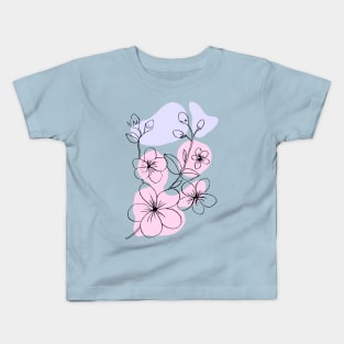 One Line Art Cherry Blossom Flowers Kids T-Shirt